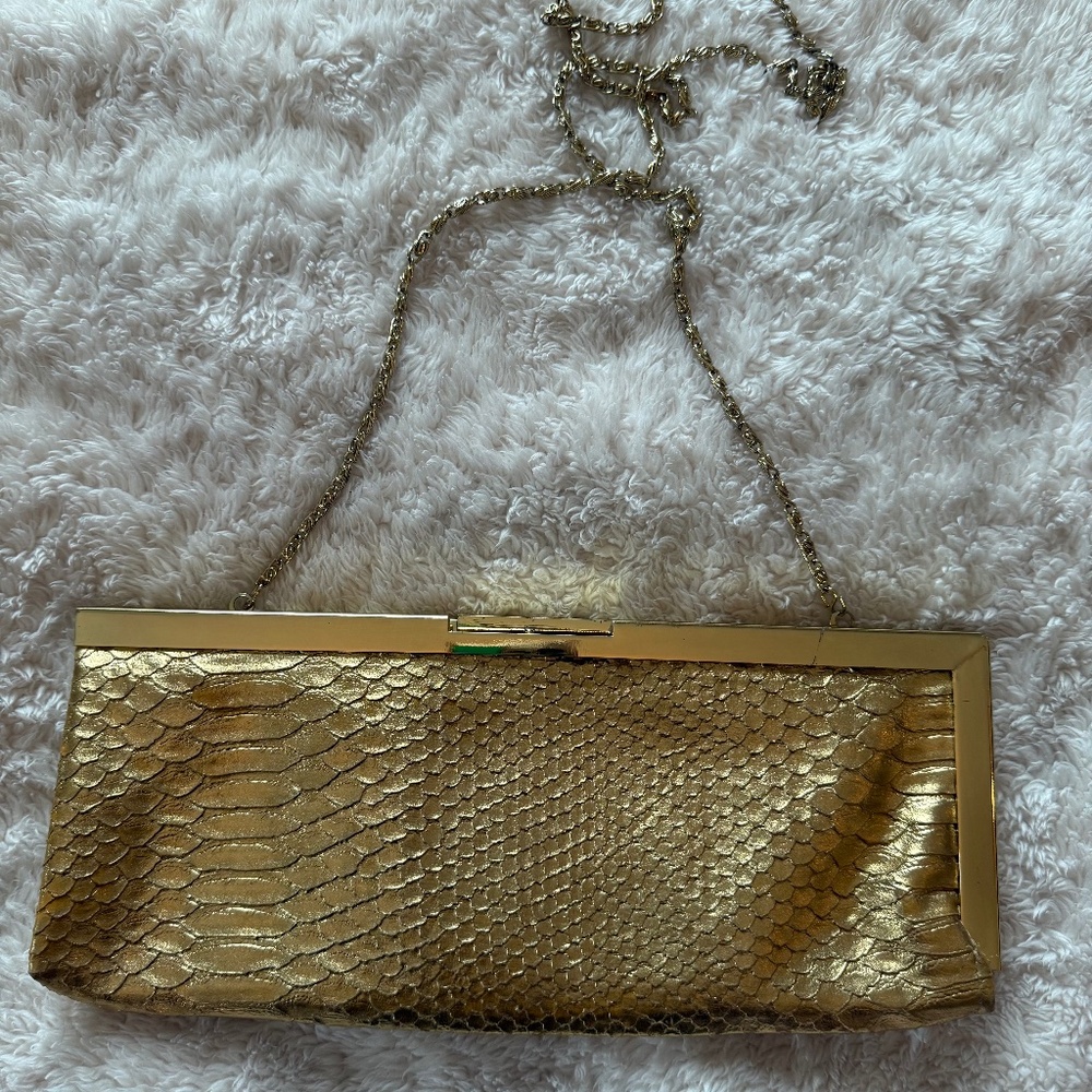 Jessica McClintock Gold Snakeskin Print Clutch